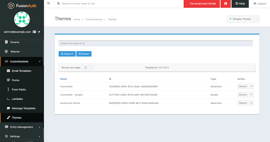 View of the screen at /admin/theme/ showing three themes including FusionAuth, FusionAuth - Simple, and tacostruck